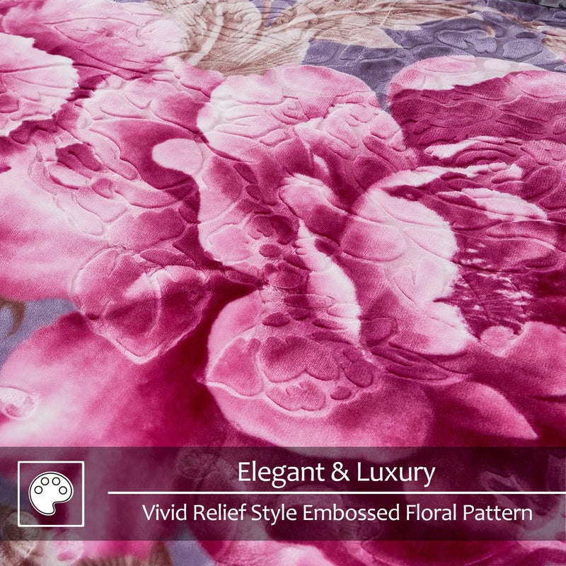 JYK Korean Faux Mink Fleece Blanket 83" X 91", 5.7 LB - 2 Ply Reversible Soft Warm Plush Flannel Blanket, A&B Pattern Printed Embossed Microfiber Blanket, (Light Purple Peony/Peony, King) - Image 5